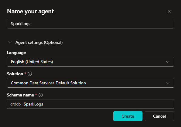 Name your agent dialog with SparkLogs, English, and Common Data Services Default Solution