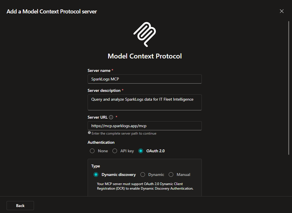 Add a Model Context Protocol server: SparkLogs MCP, OAuth 2.0 Dynamic discovery