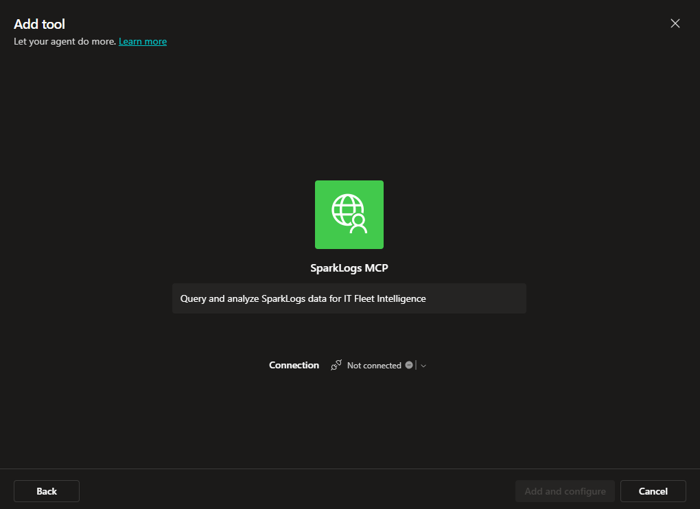 Add tool for SparkLogs MCP showing Not connected, Add and configure disabled