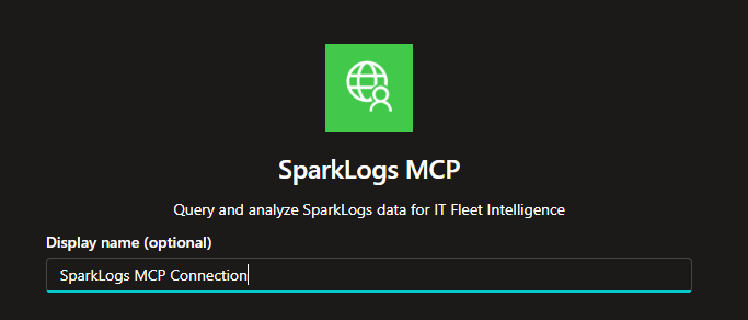 Create connection, display name SparkLogs MCP Connection