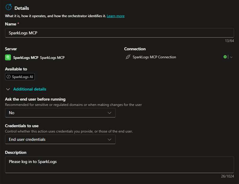 SparkLogs MCP tool details: do not ask before running, end user credentials