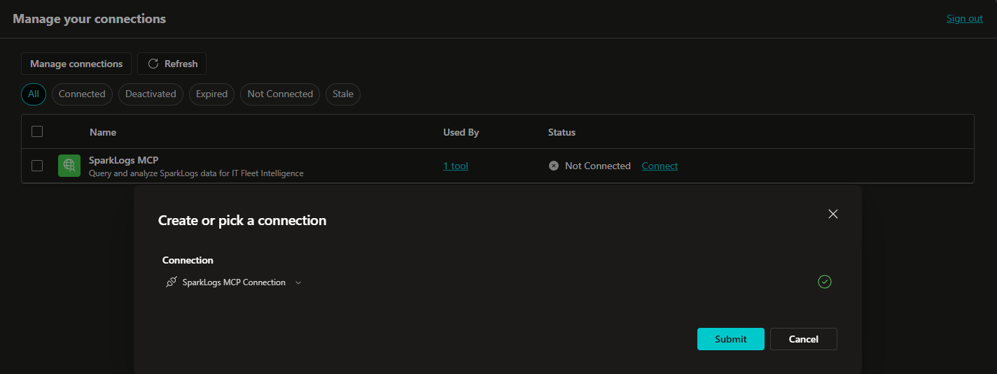 Create or pick a connection, SparkLogs MCP Connection selected