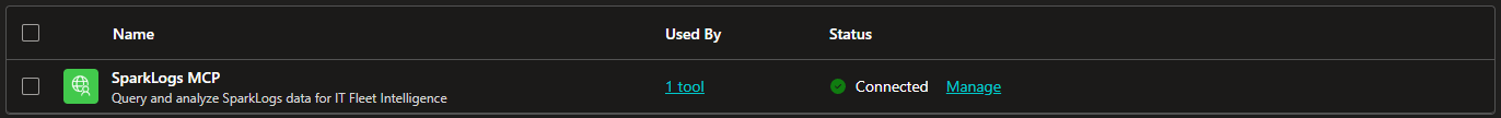 SparkLogs MCP row with status Connected
