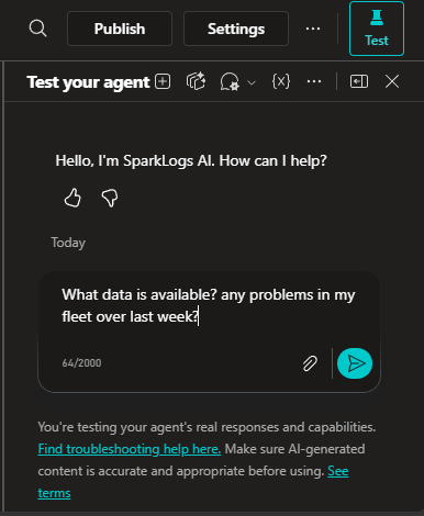 Test your agent pane with a fleet question in the input box