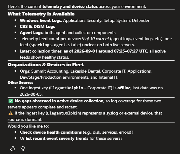 SparkLogs AI test reply summarizing telemetry, organizations, and follow-ups
