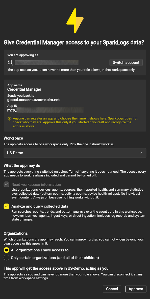 SparkLogs OAuth consent: workspace, query scope, and organization scope